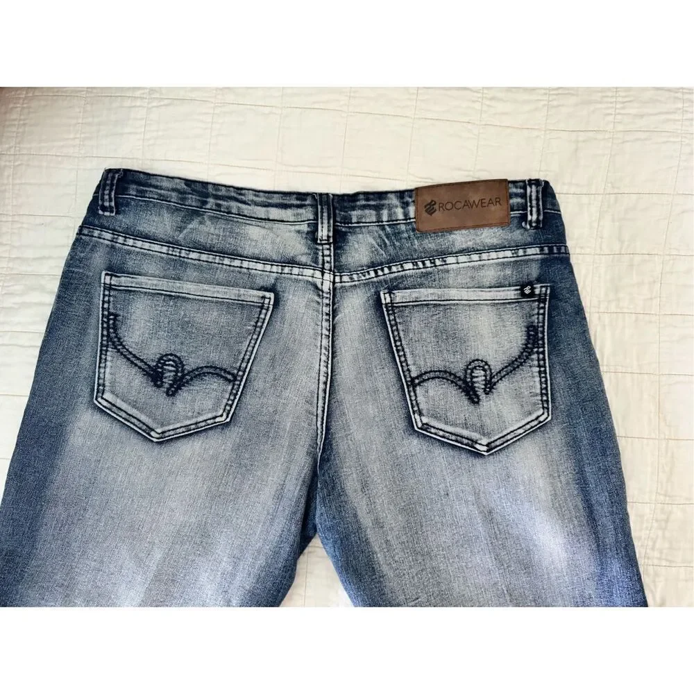 Rocawear Biker Jeans Mens 38 Blue Denim Streetwear Slim Fit Faded Skinny Leg y2k